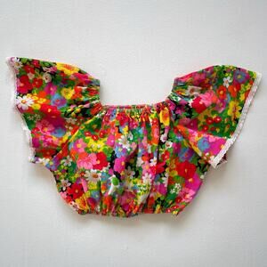Vtg 70s Dayglow Flower Power Ruffled Sleeve Crop Top / Sz S Boho Coquette Retro